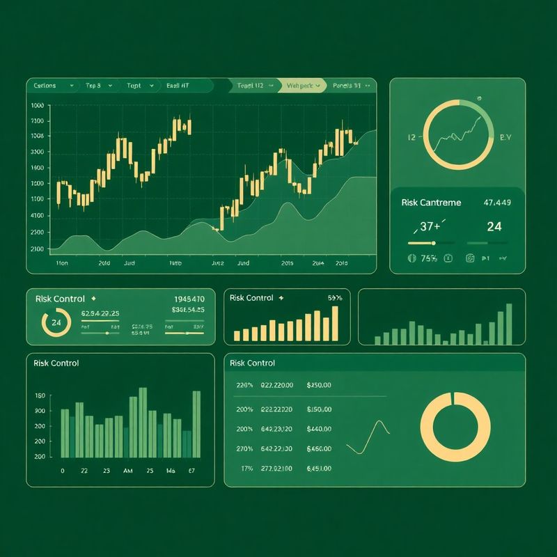 Vizualizace dashboardu se svíčkovými grafy a panely řízení rizik